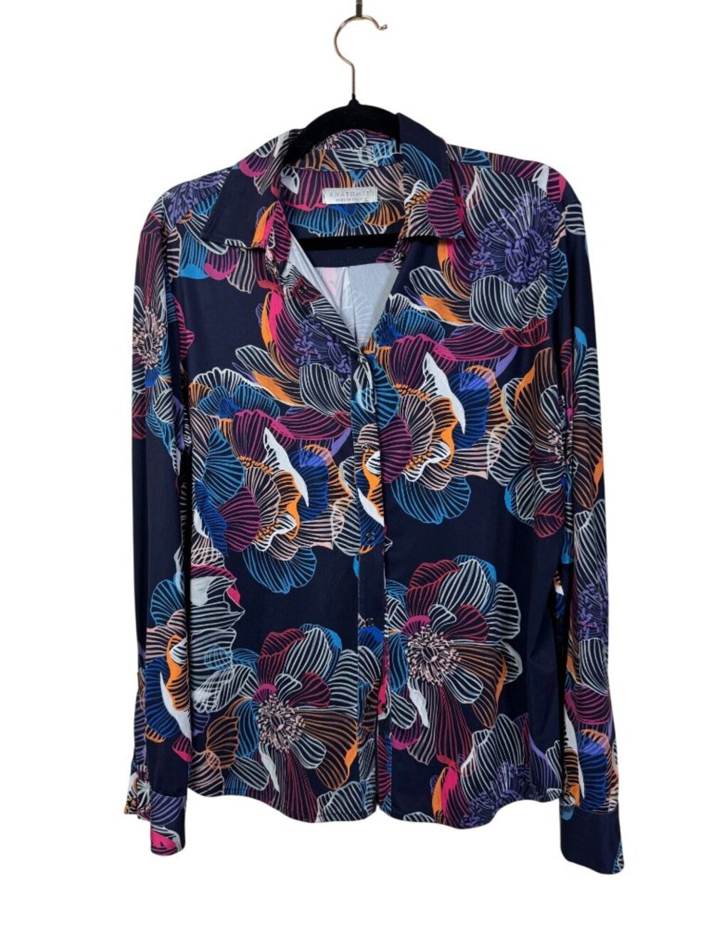Anatomie Womens Button Up Shirt Floral Lightweight Stretch size Large Blue Pink
